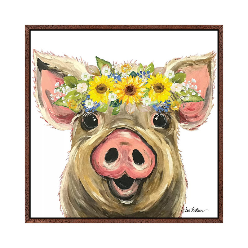 Posey The Pig With Sunflower Flower Crown - Painting on Canvas, Brown Framed, 66.04cm H x 66.04cm W x 3.81cm D