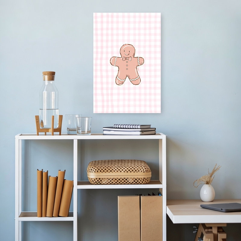 Pink Gingham Gingerbread Man Contemporary Wall Art Print, 18" H x 12" W