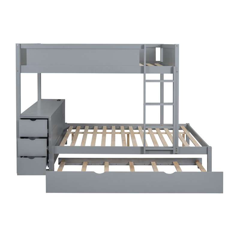 Lit superposé double au-dessus de double gris avec lit gigogne simple, bureau intégré et tiroirs de rangement - Lit mezzanine en bois massif pour enfants