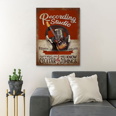 «Guitare, micro et casque d'écoute - I Play Guitare And I Know Things», reproduction d'art graphique sur toile tendue