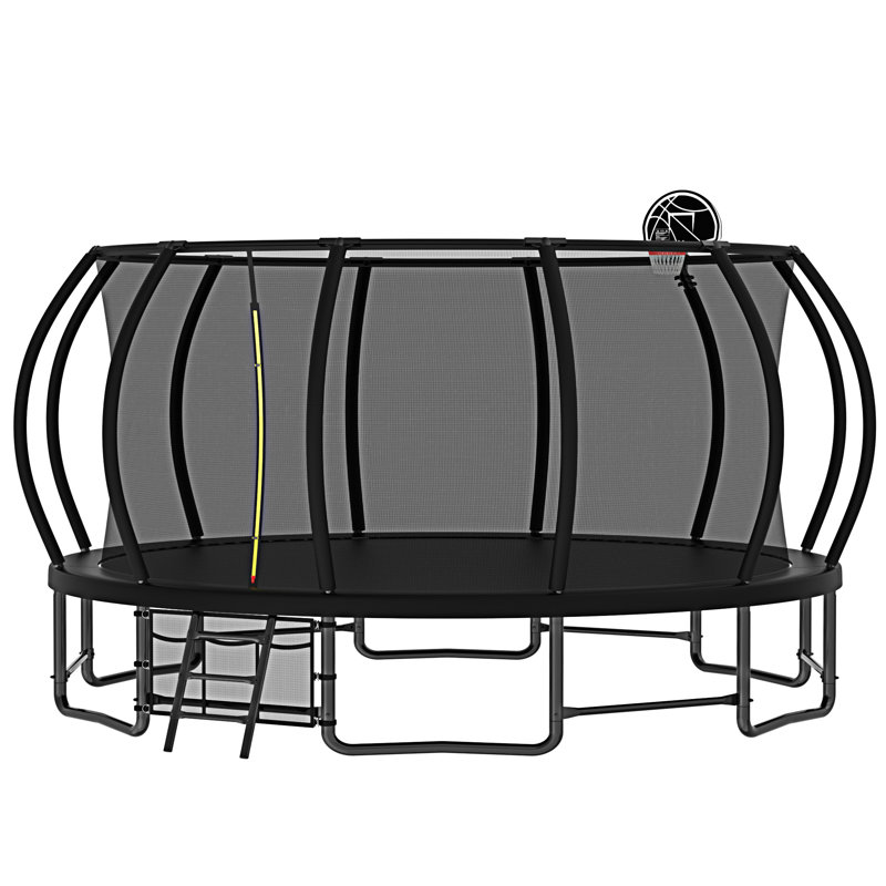 16FT Black Steel Trampoline with Safety Net and Basketball Hoop