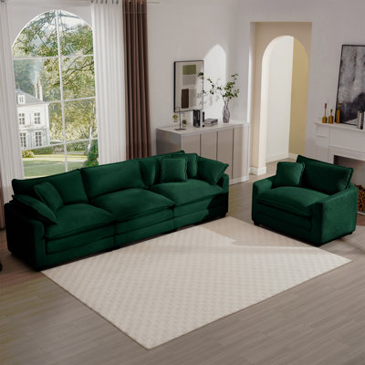 Ensemble de canapé modulaire de style Mid-Century composé de deux, un canapé modulaire à trois places et un canapé modulaire à une place avec 2 coussins décoratifs et 4 coussins décoratifs, tissu modulaire en velours côtelé vert