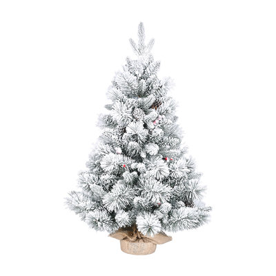 Arbre de Noël enneigé 3 pi avec branches en PE / PVC et aiguilles de pin, 170 pointes, décorées de pommes de pin et de baies rouges