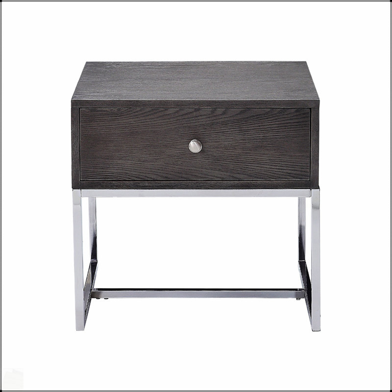 Table de bout rectangulaire moderne avec tiroir spacieux et base en métal chromé, parfaite pour un rangement élégant
