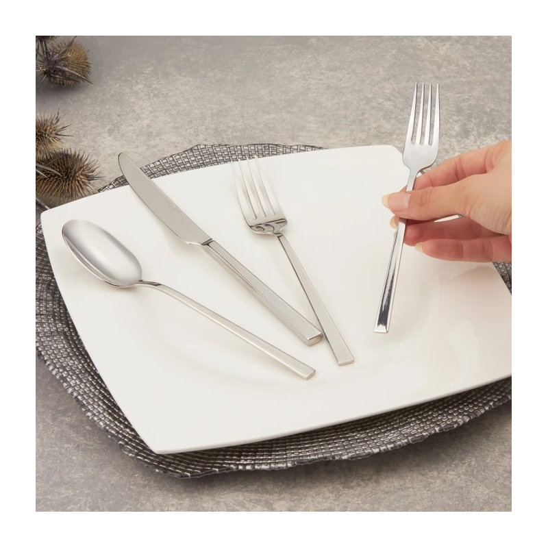 Ensemble de coutellerie de qualité supérieure 24 pièces, 100% acier inoxydable, comprenant 6 cuillères de table (7,9 x 1,8 po), 6 fourchettes de table (8,1 x 1,0 po), 6 couteaux de table (9,1 x 0,8 po), 6 fourchettes à dessert (7,1 x 1,0 po) | Finiti