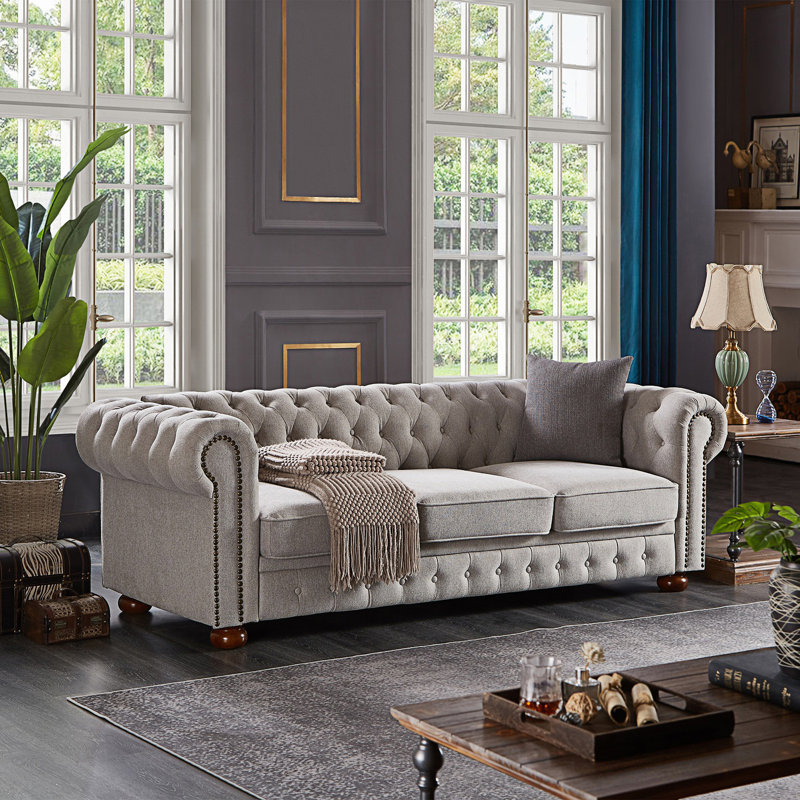 Gurnaik Upholstered 3-Seater Sofa, Gray Linen Duplicate