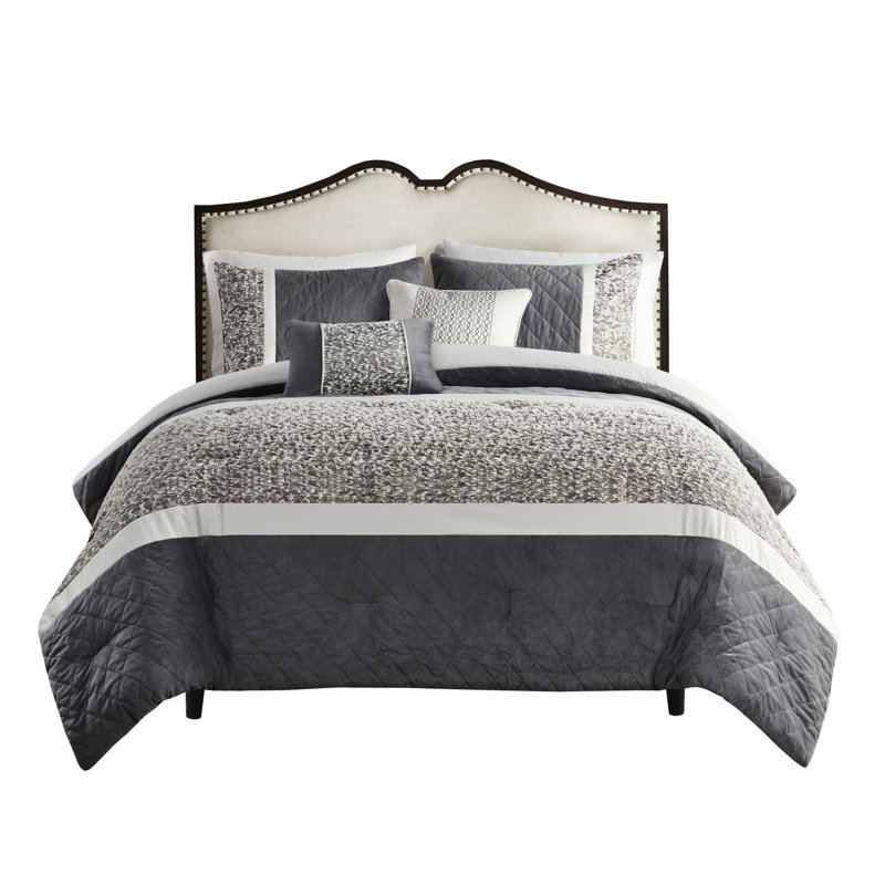 Édredon très grand / très grand lit, rayures texturées, coussins décoratifs inclus, charmeuse, rayure de vison - très grand, 5 pièces