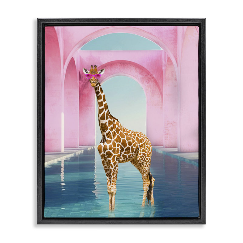Girafe glam avec cadre flottant arches roses, design par Ziwei Li, Cadre flottant noir de jais, H 21 po x l 17 po