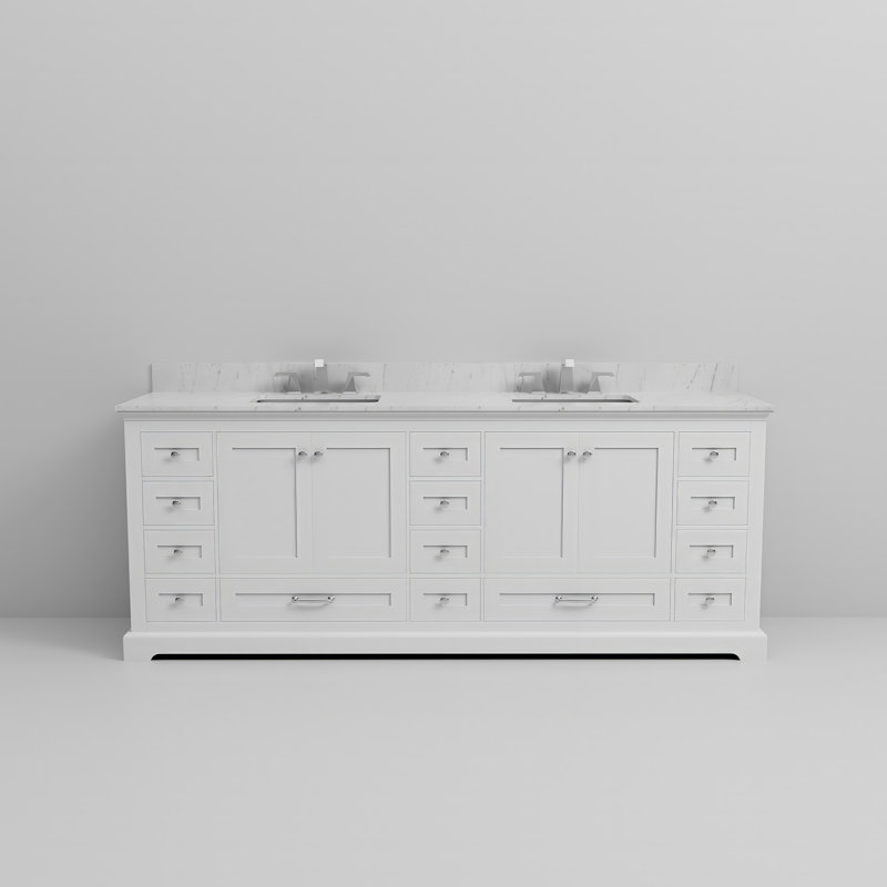 Dukes 84" Double Bathroom Vanity Set, White, White Carrara Marble