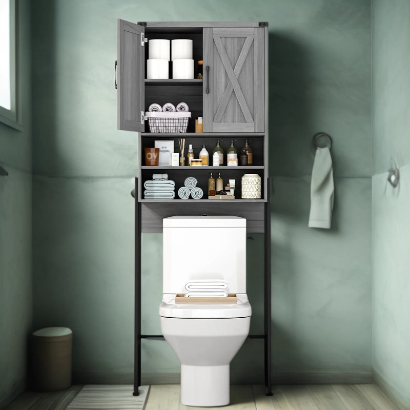 Armoire de rangement au-dessus de la toilette avec portes de grange - Organisateur de salle de bain peu encombrant avec tablettes réglables et cadre en métal pour la toilette, la salle de bain ou la salle de lavage