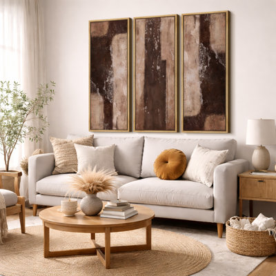 Vintage Industrial Brown Neutral Abstract Triptych – Pictures Extra Large Framed Canvas Print 3 Pieces Wall Art
