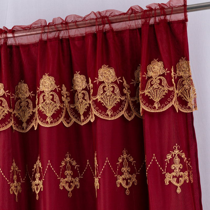 Ekene Window Curtain With Attached Valance & Backing, Burgundy/Gold