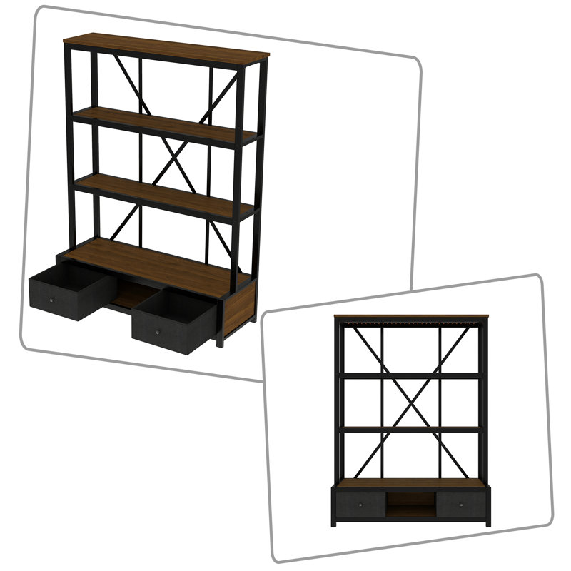 Modern Industrial metal Bookcase with LED Lighting and  Drawers, 3-Tier Display book shelf with Metal Frame, Black/Walnut