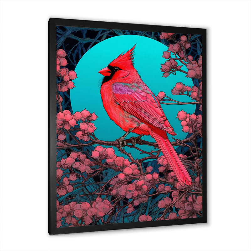 Cardinal rouge sous la pleine lune - impression, H 40 po x l 30 po x P 1,5 po, Cadre photo noir