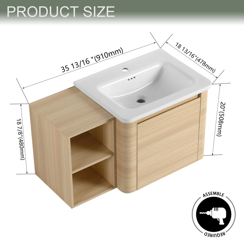 36 Inch Wall-Mounted Bathroom Vanity with White Ceramic Sink and Storage Shelves, Soft-Close Door, 36"