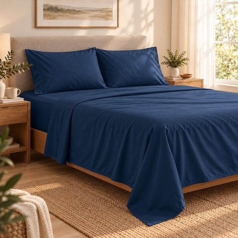 Ensemble de draps en percale de coton biologique grand avec drap-housse à poches profondes, bleu marine, 4 pièces