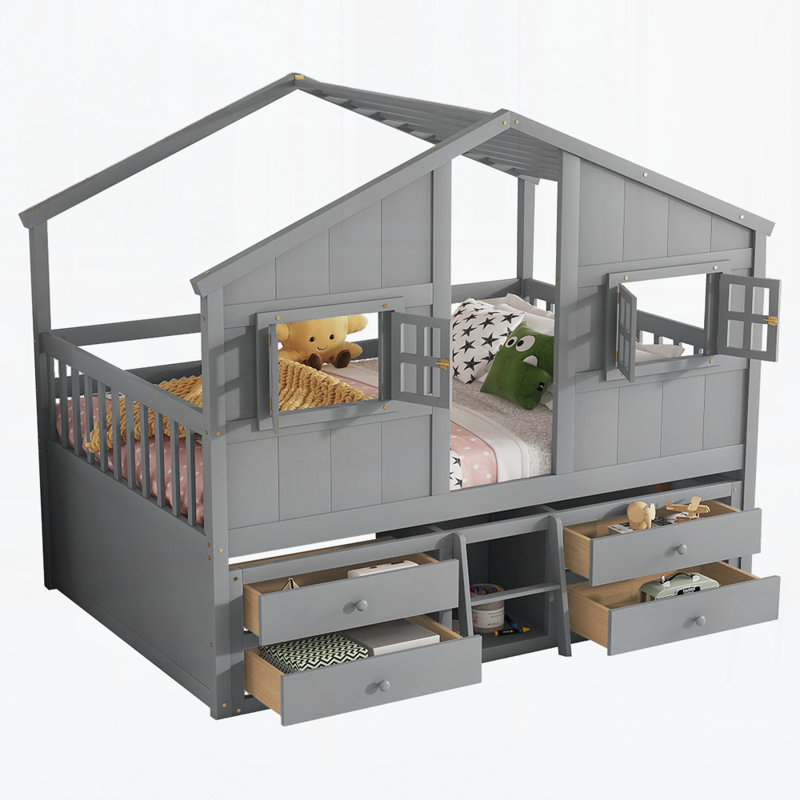 Lit en bois avec 4 tiroirs de rangement, Gris