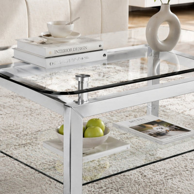 Table basse rectangulaire en verre trempé pour le salon, table basse pour la salle d'attente, table basse moderne avec pieds en miroir en acier inoxydable, plateau de table en verre avec tablette inférieure, P 20 po x l 40 po x H 18 po, argent