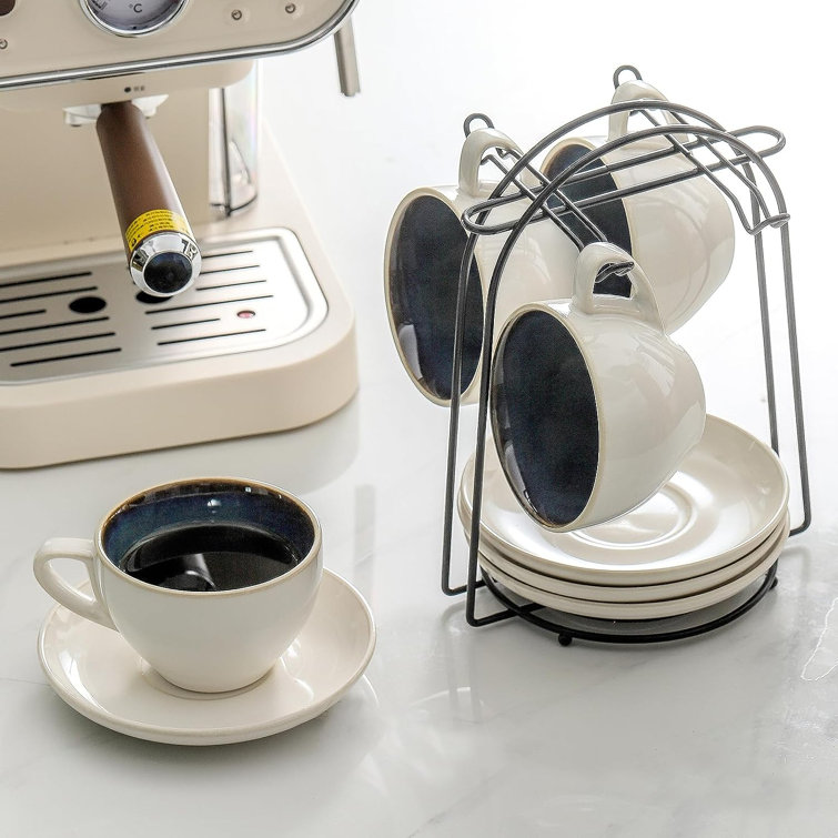 Huji Home Products. HUJI Stack-able Porcelain Espresso Turkish Coffee Cups  & Saucer with Chrome Rack - HJ142