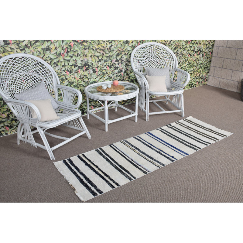 Tapis de couloir rétro en chanvre turc avec rayures - Accent de couloir oriental blanc antique