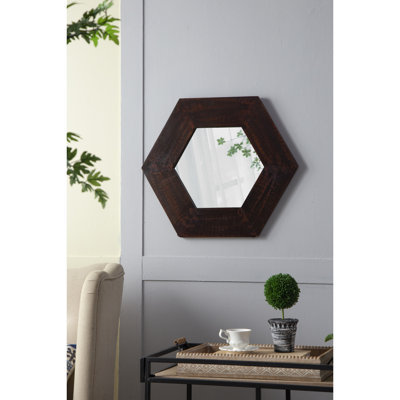 Miroir hexagonal en bois massif à des fins décoratives, 18,5 po x 18,5 po, abat-jour brun foncé avec bordure, accessoire de décoration intérieure,