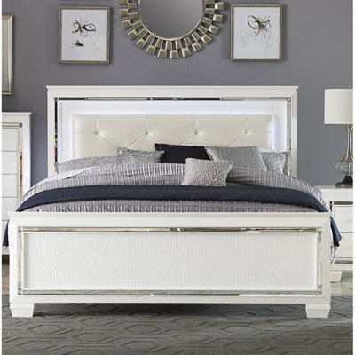 Glamorous Design Bedroom Furniture  Bed Button-Tufted LED Headboard  Finish Faux Alligator Embossed Textu Panels Bed