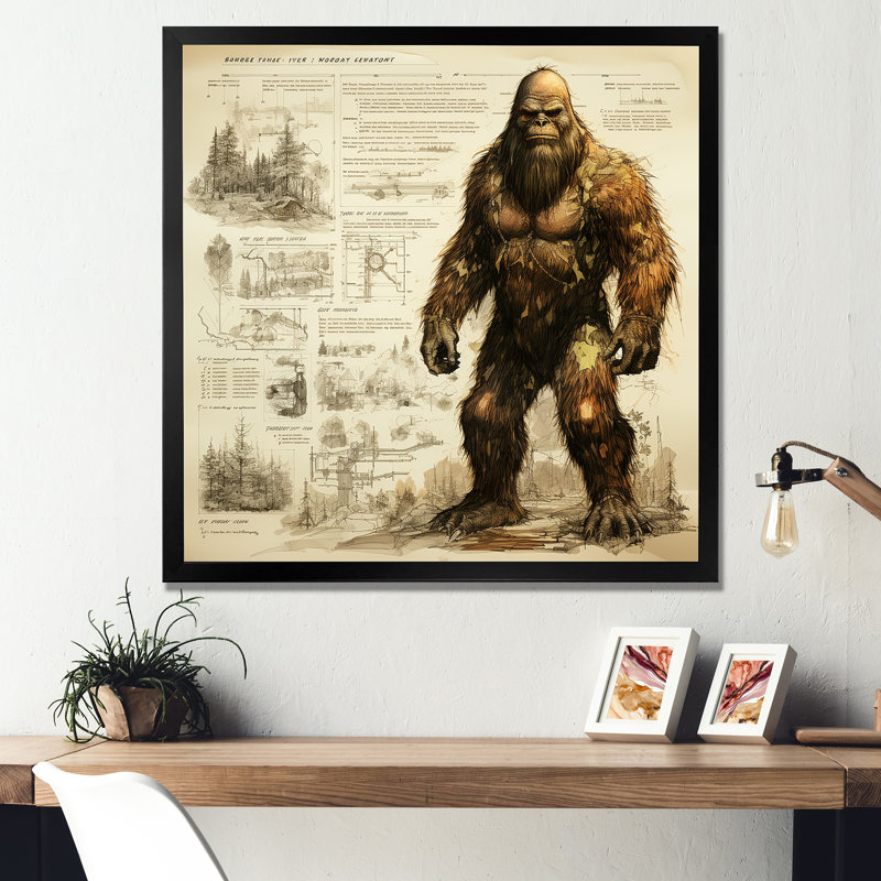 Mystical Bigfoot Blueprint II - art mural Bigfoot, Cadre simple noir, H 36 po x l 36 po x P 1,5 po
