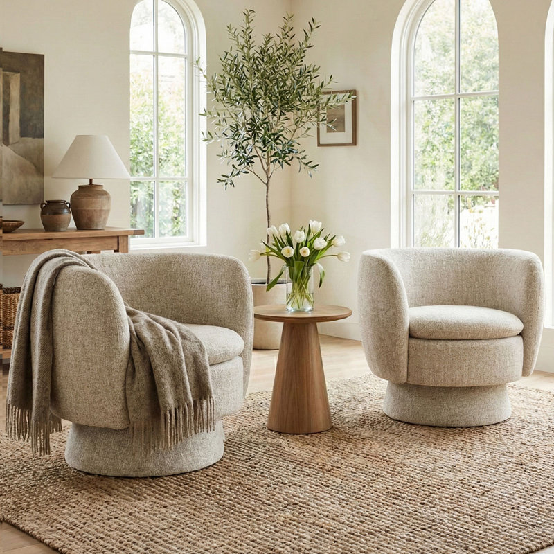 31" Wide Upholstered Tweed Swivel Barrel Accent ArmChair - 360° Rotation (2-Pack), Oatmeal, Set of 2