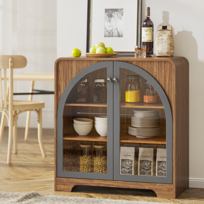 31.5" Sideboard Buffet Cabinet With 2 Arched Glass Doors, Console Table Coffee Bar for Kitchen Living Room Hallway, Walnut