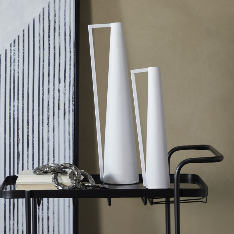 Metal Slim Cone Decorative Vase with Handles Set, White