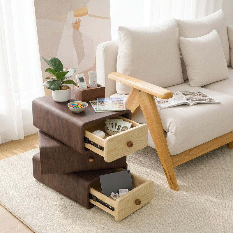 Rotating Solid Wood Nightstand with Interlocking Drawers