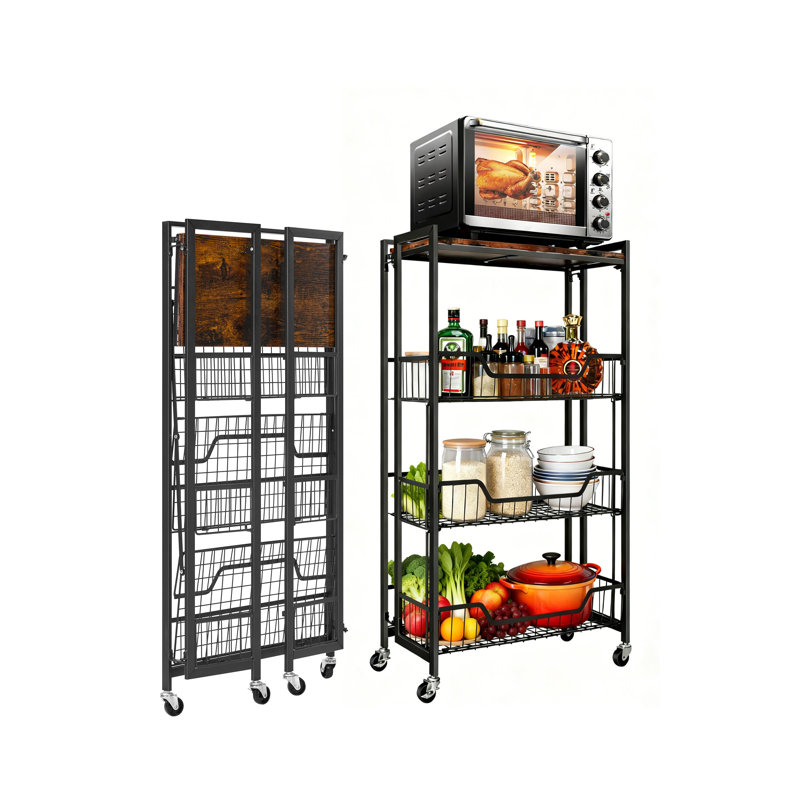 Grand chariot de rangement pliable à 4 niveaux avec roulettes verrouillables - capacité de charge de 100 lb. Îlot de rangement extensible pour organisateur de cuisine.  Étagères de garage. Facile à plier, aucun assemblage requis