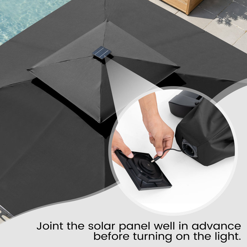 Parasol en porte-à-faux de patio carré 11 pi 11 pi avec lumières DEL solaires et base lestée, Black
