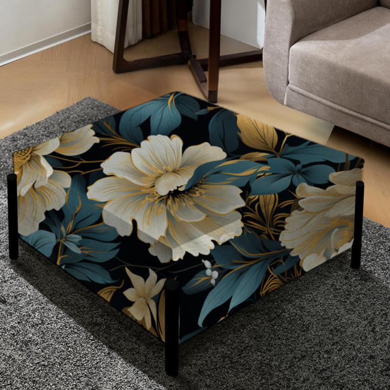 Beige et bleu Damask Fusion - Grand repose-pieds carré damassé
