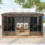 12x14ft Galvanized Steel Sloping Roof Wall Mounted Sunroom, Against Wall Solarium With Detachable Pvc Screen, Lockable Sliding Front And Side Doors