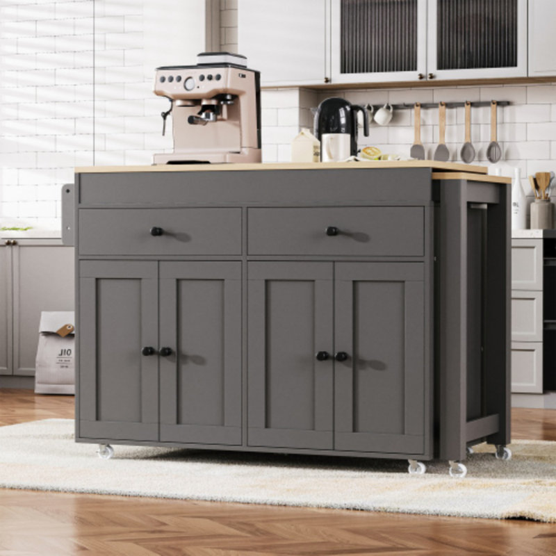 Îlot de cuisine sur roulettes 74,5 po, table de salle à manger extensible, étagère à épices et 2 tiroirs, armoire à 4 portes, chariot de rangement pour la cuisine