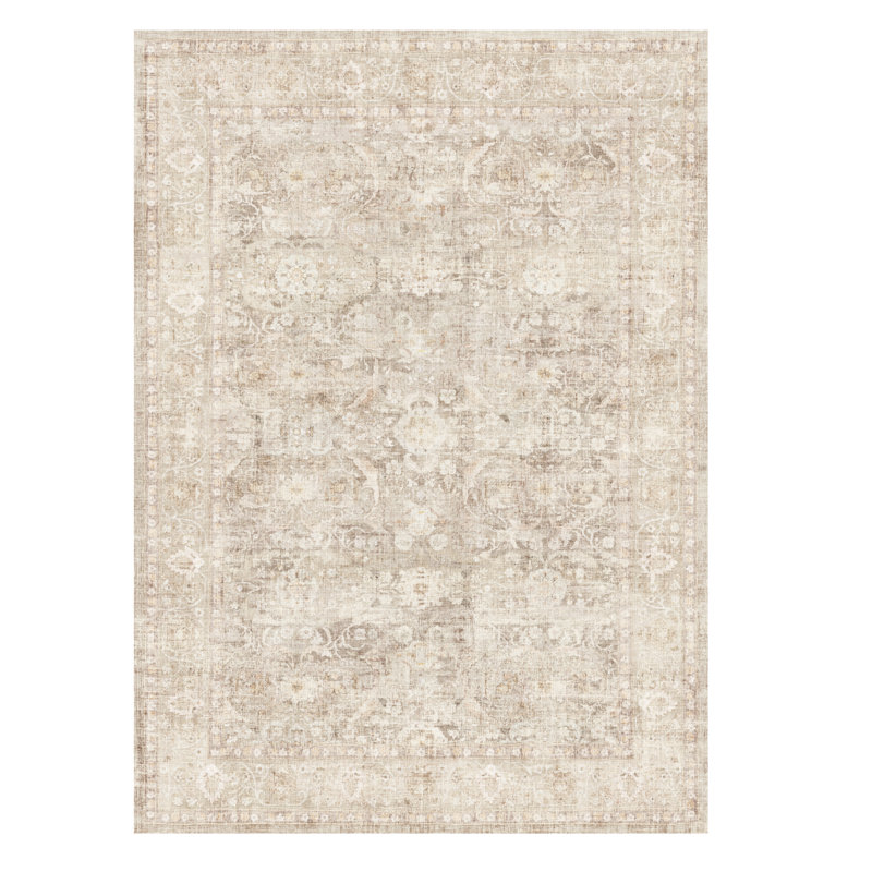 Bremerton Vintage Washable Beige Area Rug With Non-Slip Backing, Rectangle 5' x 7', Beige