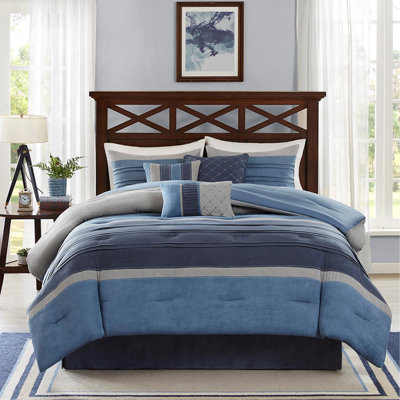 Ensemble d'édredon en suédine de style transitionnel 7 pièces avec motif en suède et rembourrage hypoallergénique bleu marine