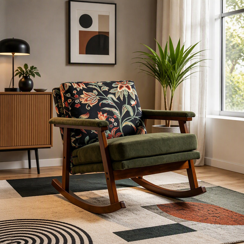 Chaise berçante rembourrée de style Mid-Century avec structure en bois massif et fauteuil de lecture confortable