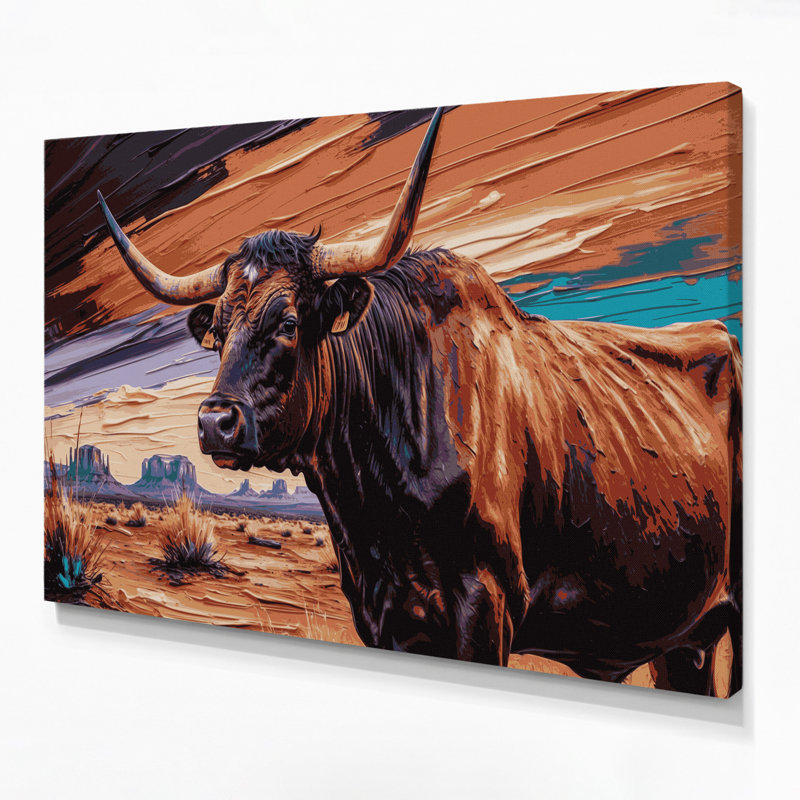«Southwestern Animals Longhorn Cow» 35, art mural sur toile noire, H 11 po x l 14 po