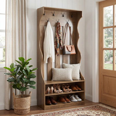 70.87" Entryway Coat Rack with Shoe Bench, 3-In-1 Rustic Tall Hall Tree with 7 Hooks
