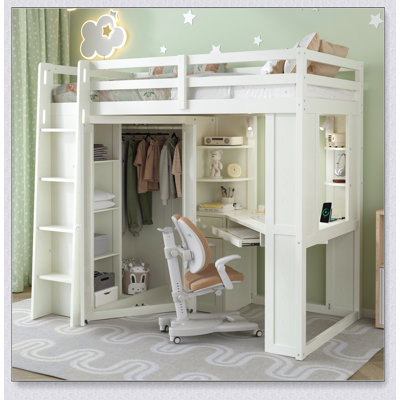 Lit mezzanine avec grand garde-robe et bureau intégrés, lit haut tout-en-un peu encombrant avec plateau à clavier coulissant, station de charge et double projecteur en métal