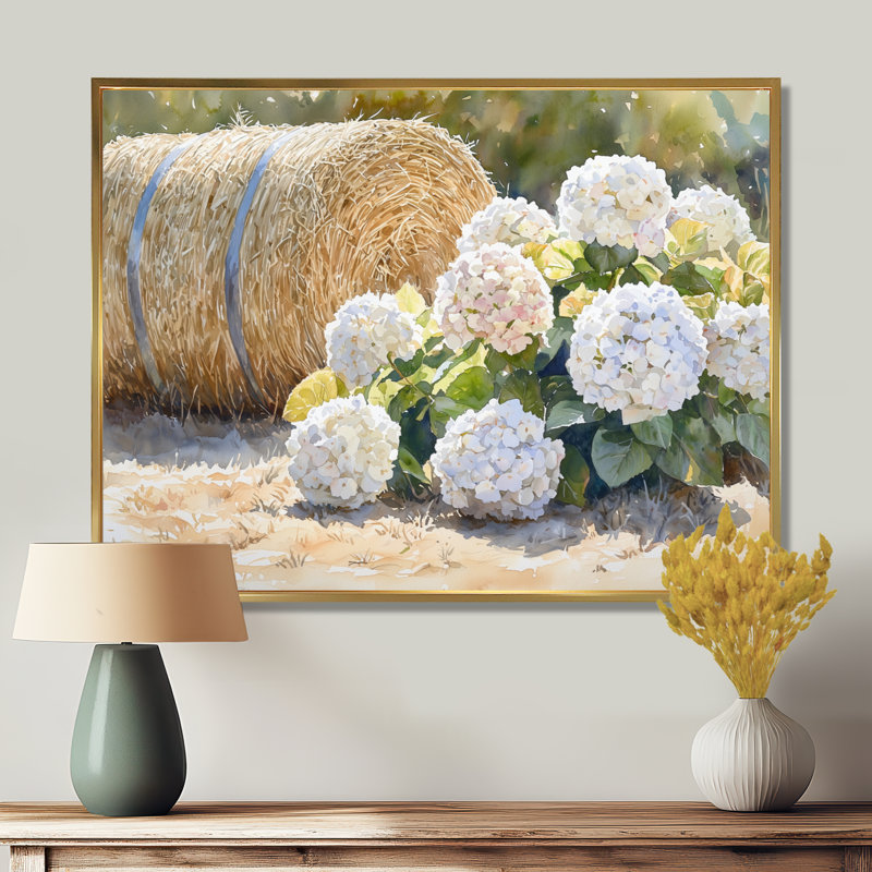 Hortensias dans la cour I - art mural grand hortensia, Impression encadrée flottante sans passe-partout, H 24 po x l 32 po
