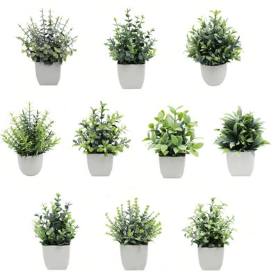 Paquet de 10 plantes artificielles en pot - Fausse verdure dans des pots de fleurs blancs