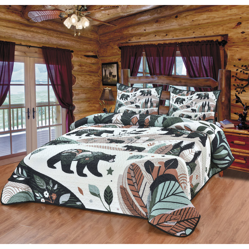 Forest Life Woodland Black Bear Green Nature Lodge Cabin Themed Decorative Bedding Set, Queen Quilt + 2 Standard Shams