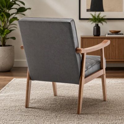 Mid-Century Modern Accent Chair, Solid Wood Frame Leather Look Microfiber Armchair with Open-Framed Arm Design, Plush Padded Seat and Back Cushion for Living Room Bedroom