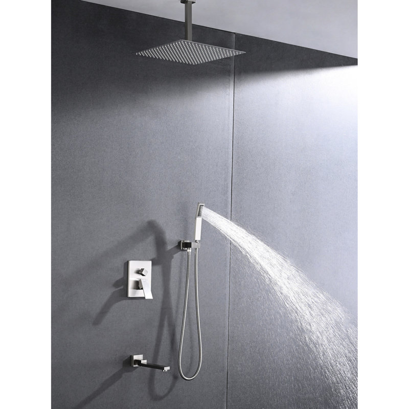 Douche en nickel brossé - fixée au plafond, en acier inoxydable avec tête de 16 po et à main pour une buse de sécurité naturelle et autonettoyante, un rafraîchissant