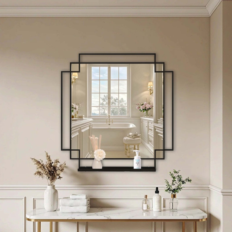 Square Bathroom Vanity Mirror, 36 x 36 in, Black Metal Frame with Multi-Functional Shelf, Wall Decor Mirror
