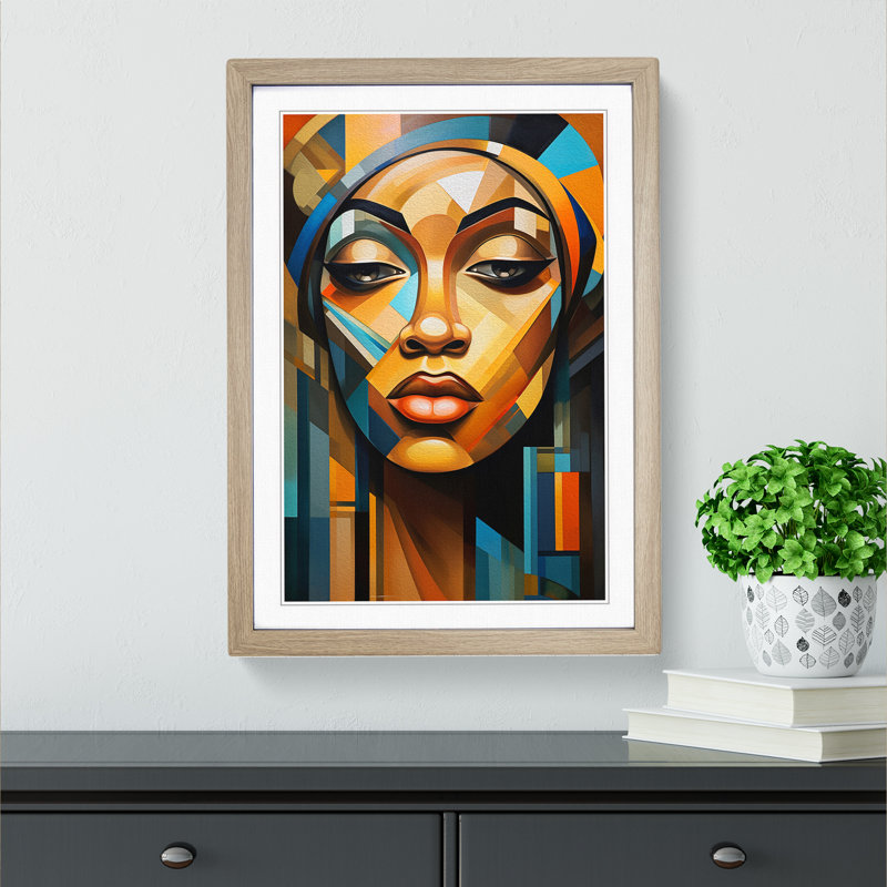 XYZ-FRM-V1223-1770 African Woman Cubism No.2 - Single Picture Frame Print on Wood, Oak, 64cm H x 46cm W x 2cm D