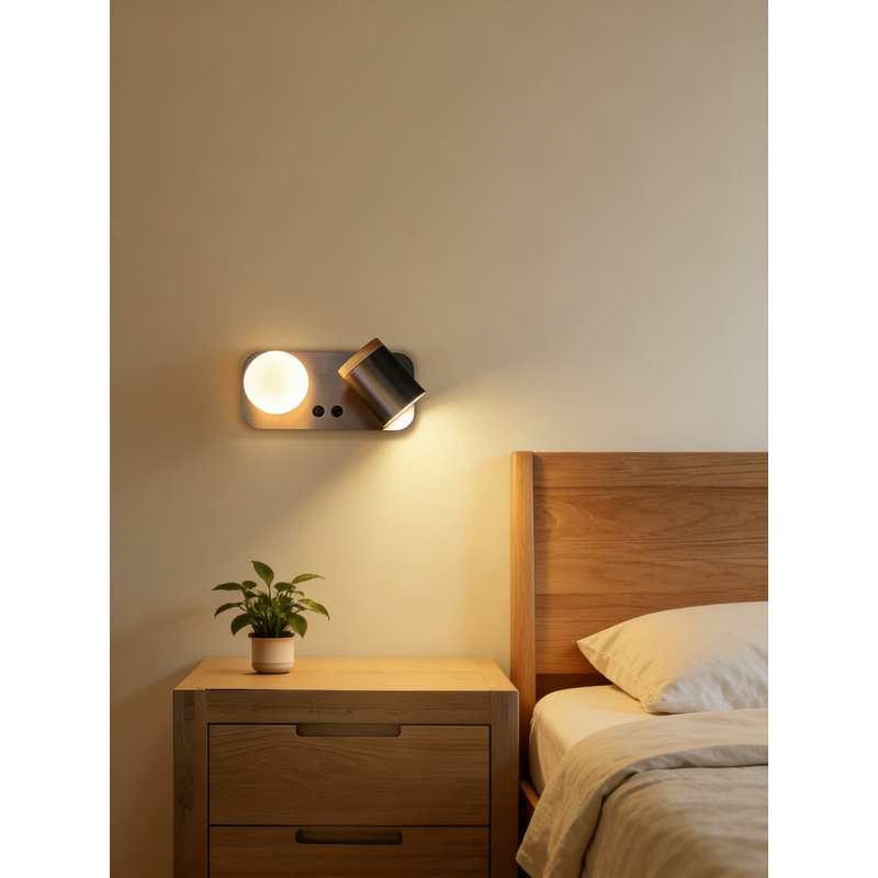 Dual-Head Reading Lamp Wall Mounted, Plug-In Wall Sconce With Adjustable Spotlight And Ambient Globe Light, Independent Switches, For Bedroom And Study, Bulbs Not Included